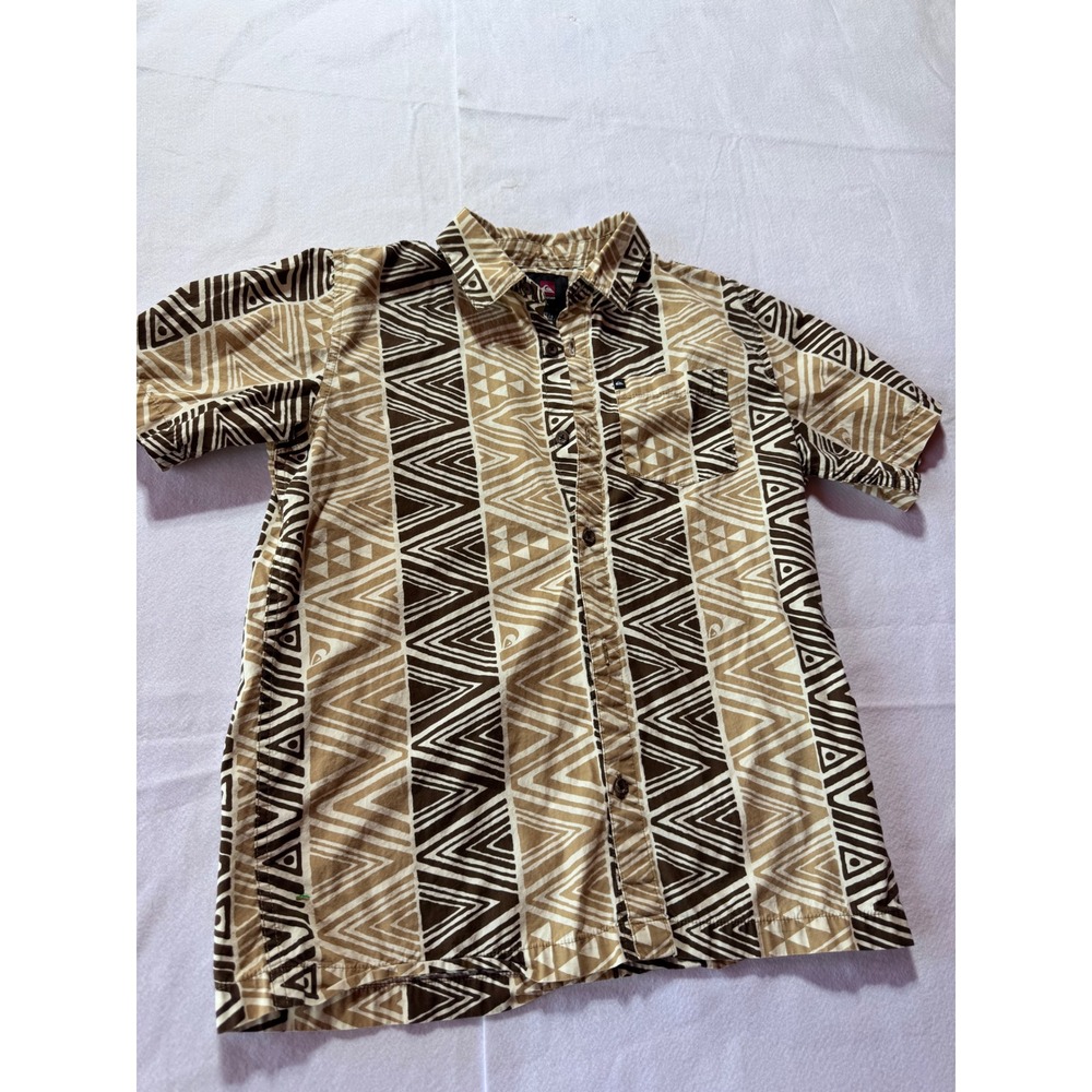 Quiksilver Boys Large Brown Tan Geometric Tribal Print Short Sleeve Button Down